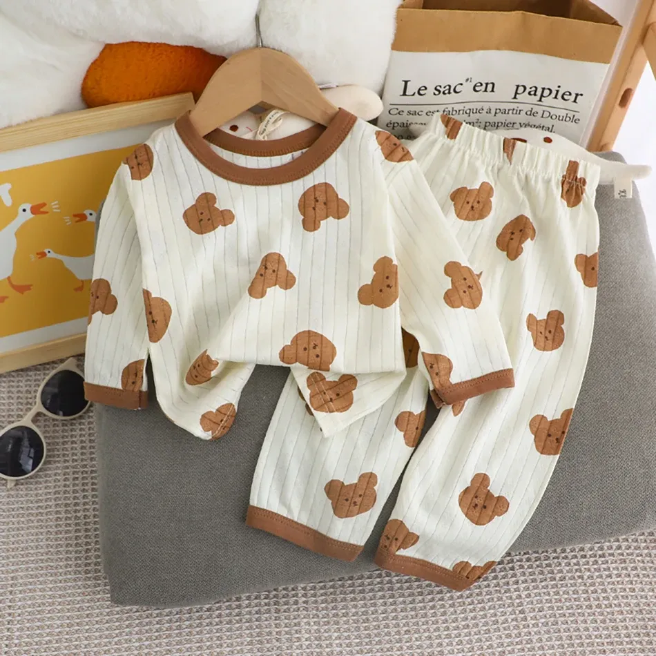 Kids Cartoon Bear Pajama Set - Soft Cotton Long Sleeve & Pants Sleepwear for Boys & Girls, Breathable AC Room Wear for Spring/Summer showcase 6