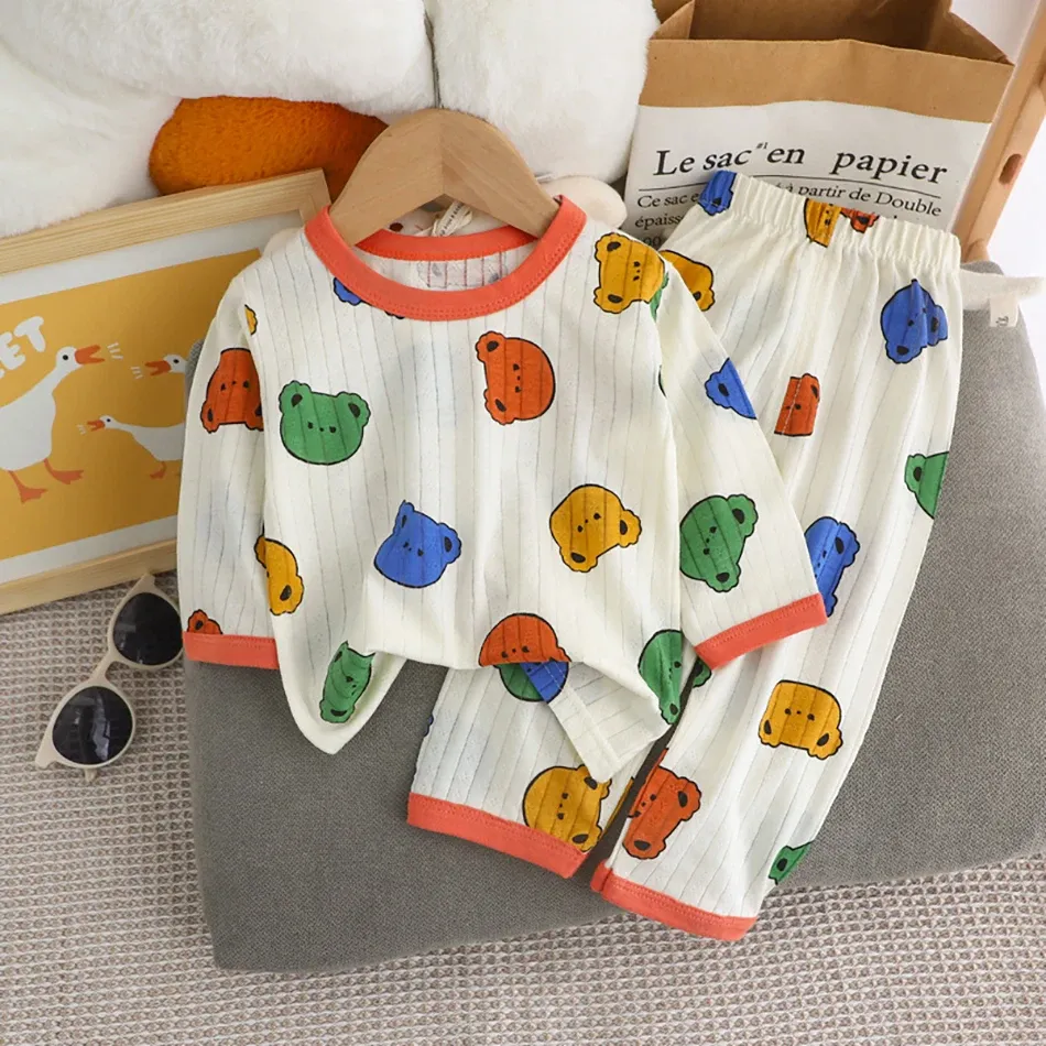 Kids Cartoon Bear Pajama Set - Soft Cotton Long Sleeve & Pants Sleepwear for Boys & Girls, Breathable AC Room Wear for Spring/Summer showcase 9