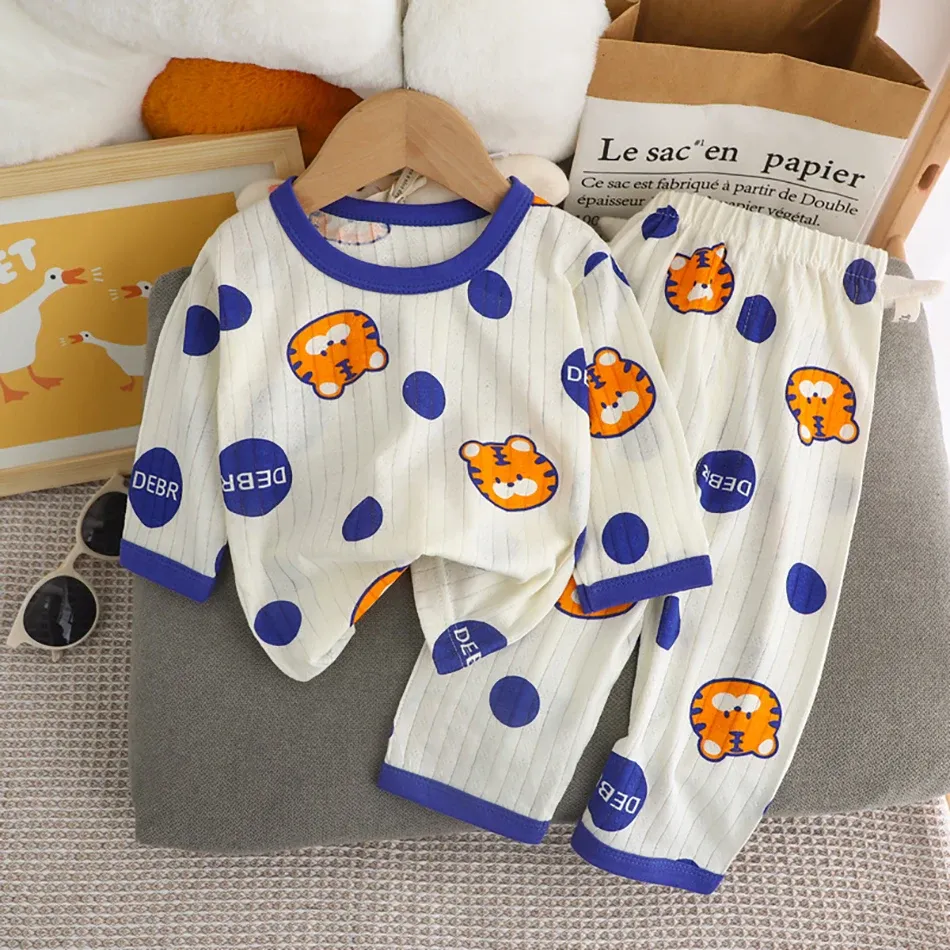 Kids Cartoon Bear Pajama Set - Soft Cotton Long Sleeve & Pants Sleepwear for Boys & Girls, Breathable AC Room Wear for Spring/Summer showcase 12