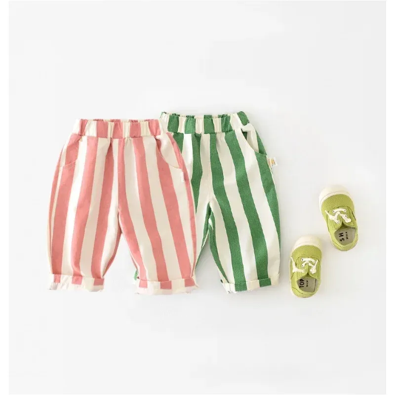 0-3Y Baby Girls Boys Cotton Striped Pants High Waist Loose Fit Casual Trousers with Pockets for Autumn Spring Toddlers thumbnail 1