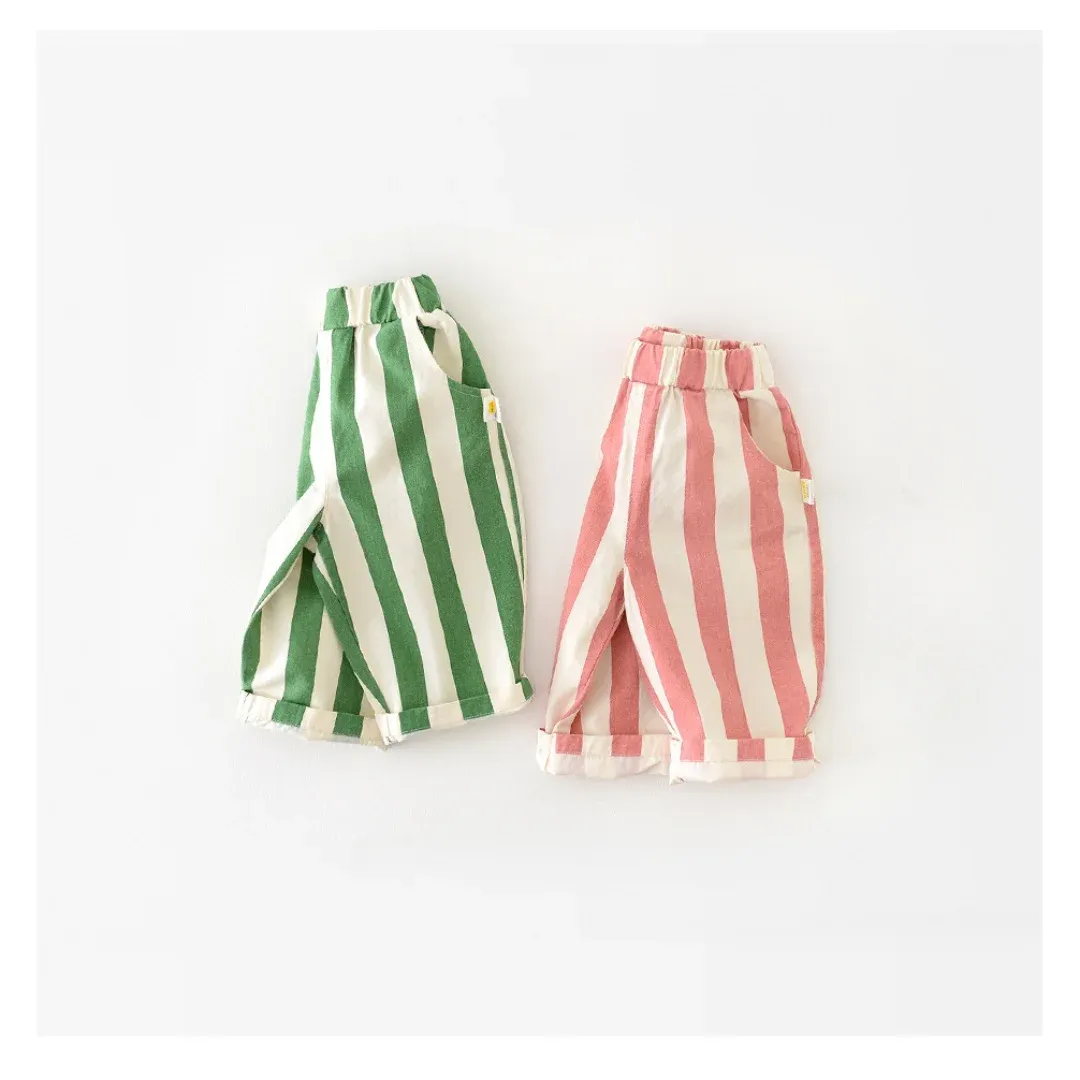 0-3Y Baby Girls Boys Cotton Striped Pants High Waist Loose Fit Casual Trousers with Pockets for Autumn Spring Toddlers showcase 3