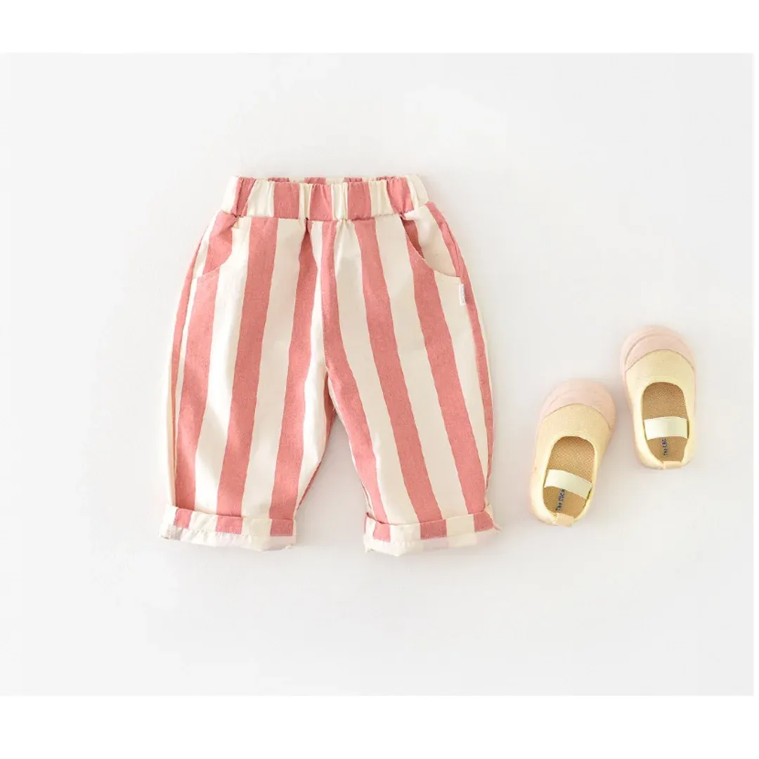 0-3Y Baby Girls Boys Cotton Striped Pants High Waist Loose Fit Casual Trousers with Pockets for Autumn Spring Toddlers showcase 8