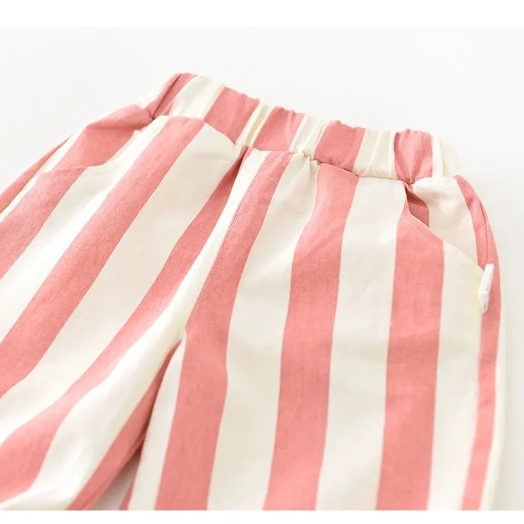 0-3Y Baby Girls Boys Cotton Striped Pants High Waist Loose Fit Casual Trousers with Pockets for Autumn Spring Toddlers thumbnail 5