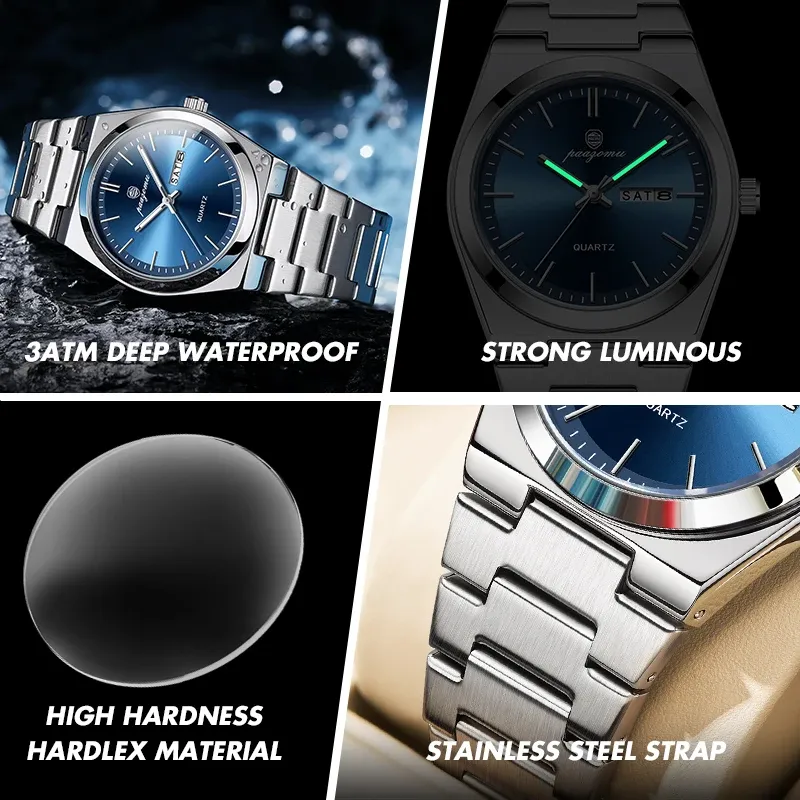 PAAZOMU Luxury Men's Quartz Wristwatch - Waterproof Stainless Steel Sport Watch with Luminous Date & Week Display, Ideal Gift for Men thumbnail 4