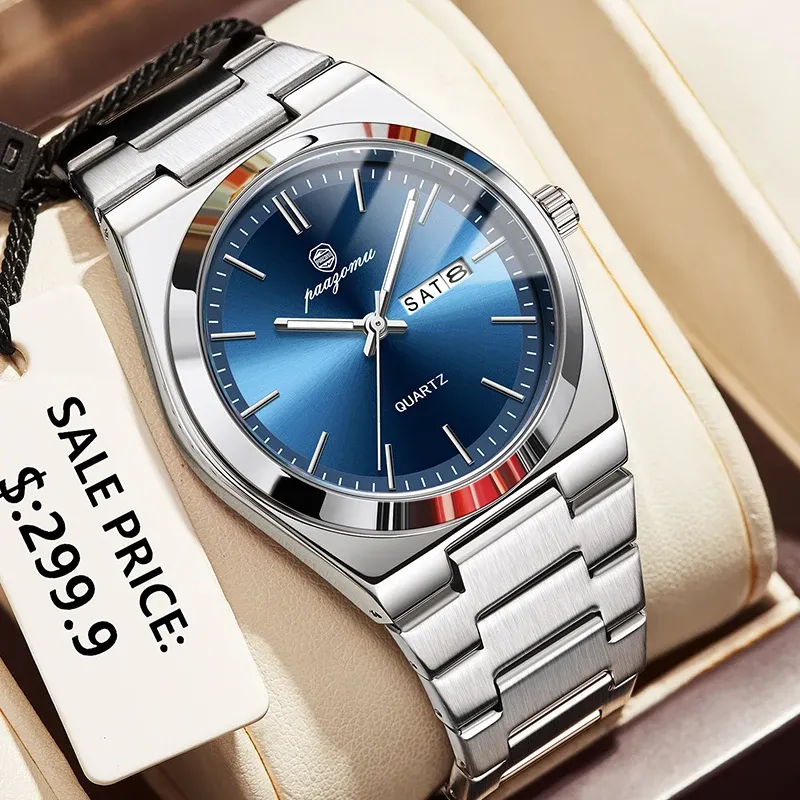 PAAZOMU Luxury Men's Quartz Wristwatch - Waterproof Stainless Steel Sport Watch with Luminous Date & Week Display, Ideal Gift for Men thumbnail 1