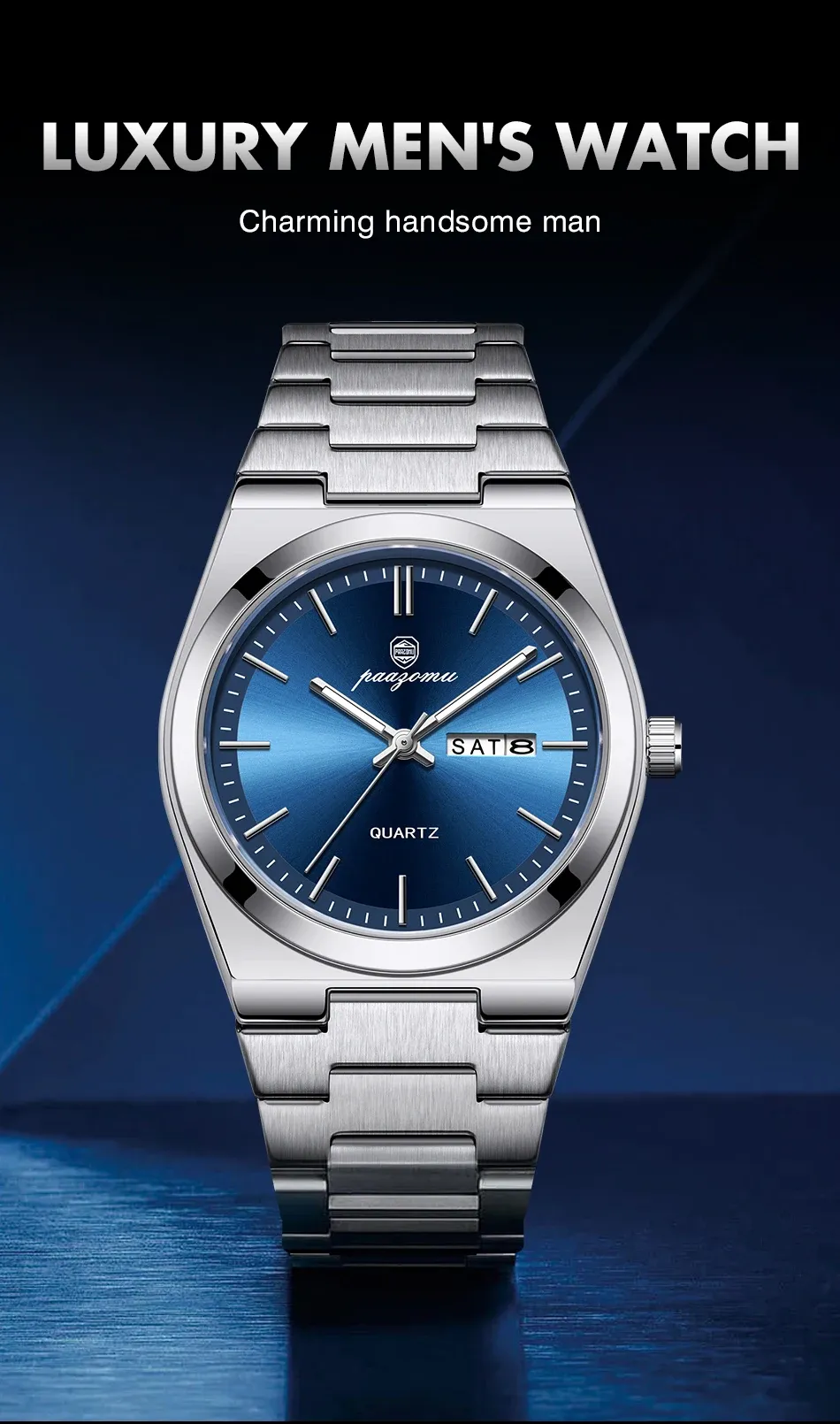 PAAZOMU Luxury Men's Quartz Wristwatch - Waterproof Stainless Steel Sport Watch with Luminous Date & Week Display, Ideal Gift for Men showcase 2