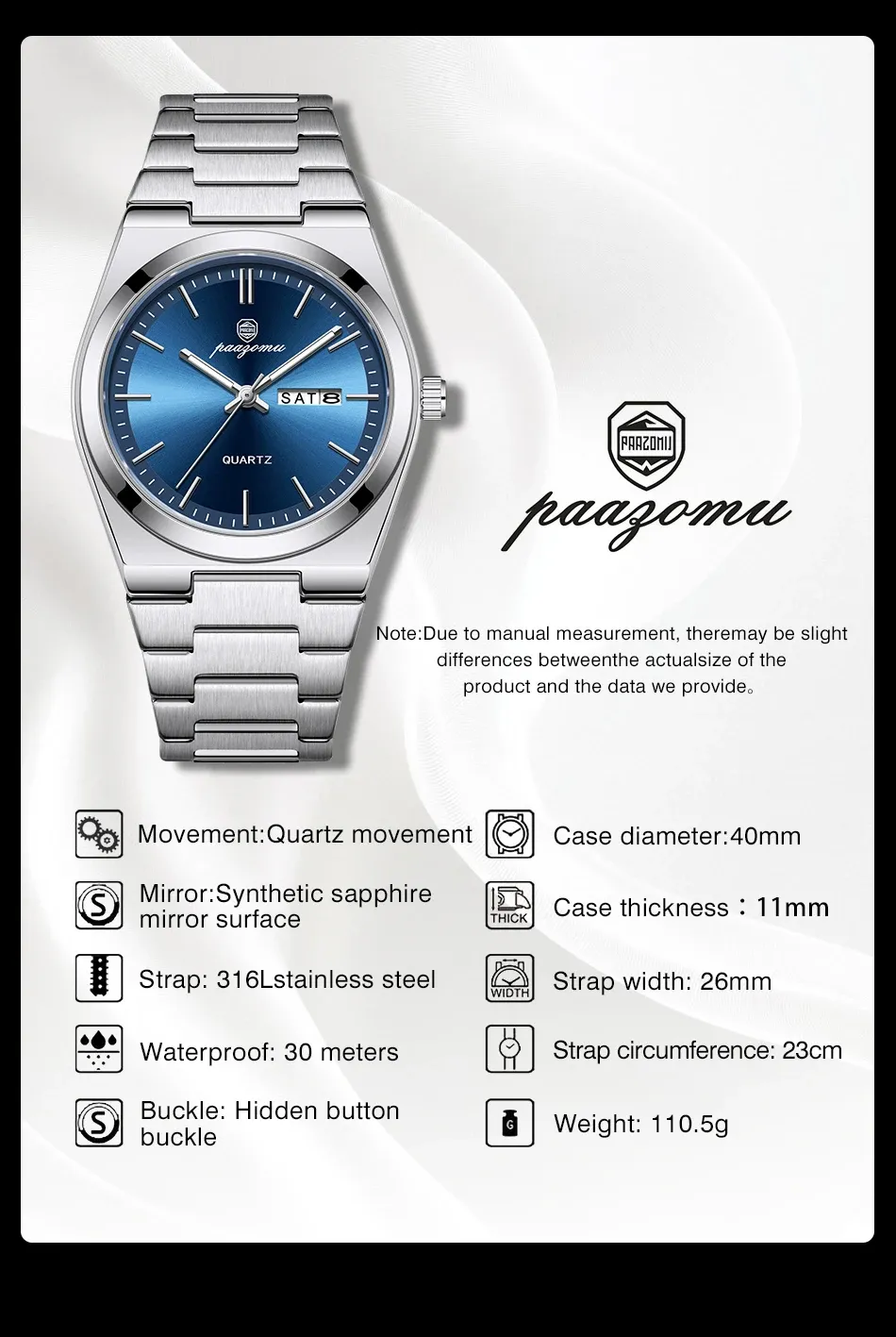 PAAZOMU Luxury Men's Quartz Wristwatch - Waterproof Stainless Steel Sport Watch with Luminous Date & Week Display, Ideal Gift for Men showcase 6