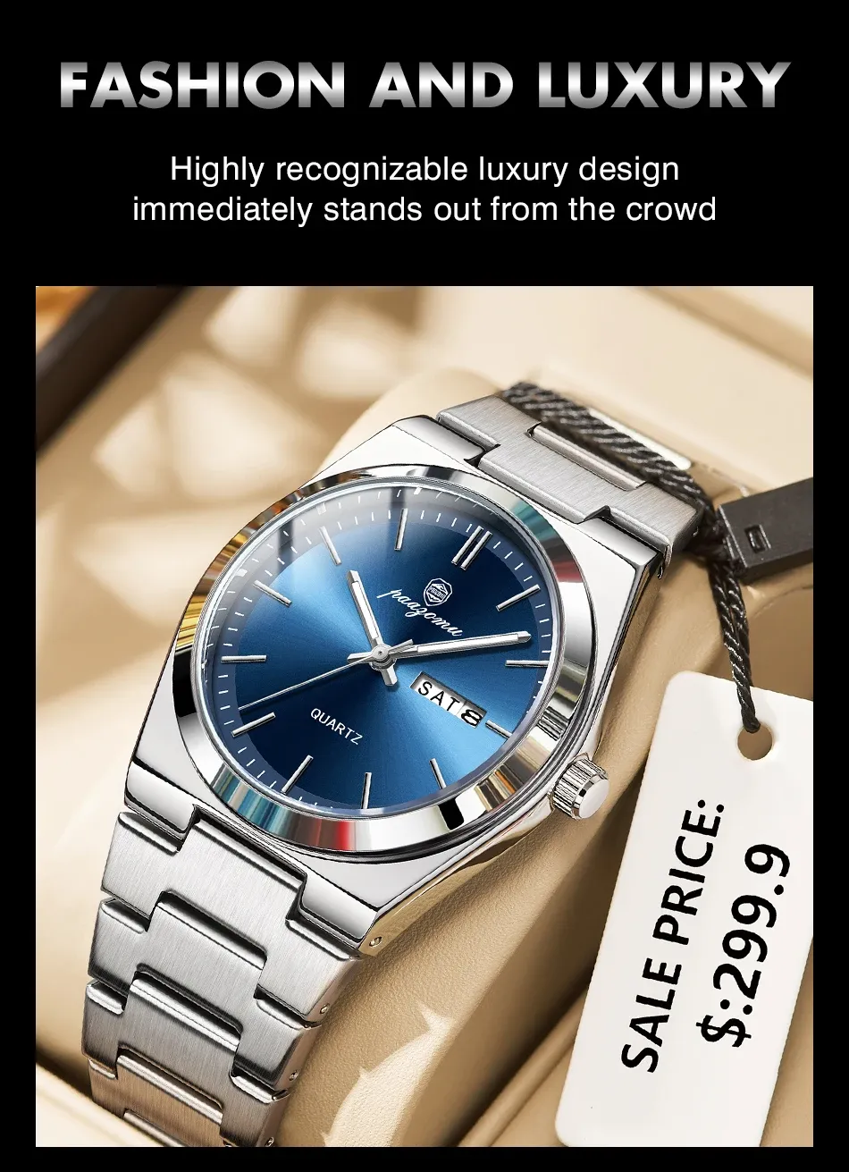PAAZOMU Luxury Men's Quartz Wristwatch - Waterproof Stainless Steel Sport Watch with Luminous Date & Week Display, Ideal Gift for Men showcase 4