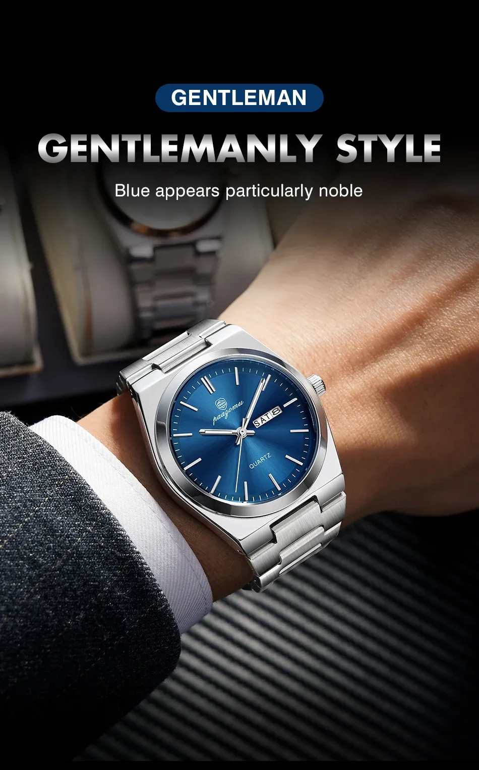 PAAZOMU Luxury Men's Quartz Wristwatch - Waterproof Stainless Steel Sport Watch with Luminous Date & Week Display, Ideal Gift for Men showcase 3