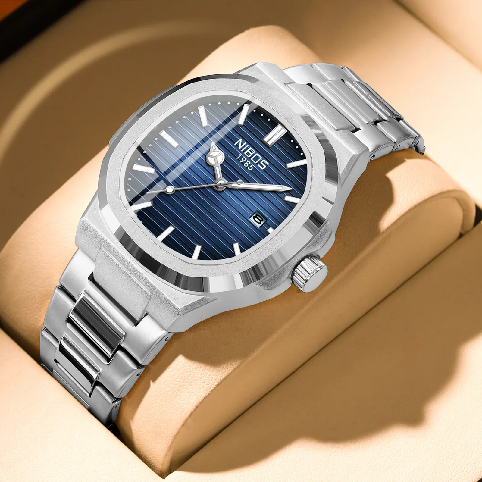 NIBOSI Luxury Men's Square Watch - Waterproof Stainless Steel Business Casual Analog Quartz with Luminous Date Display thumbnail 1