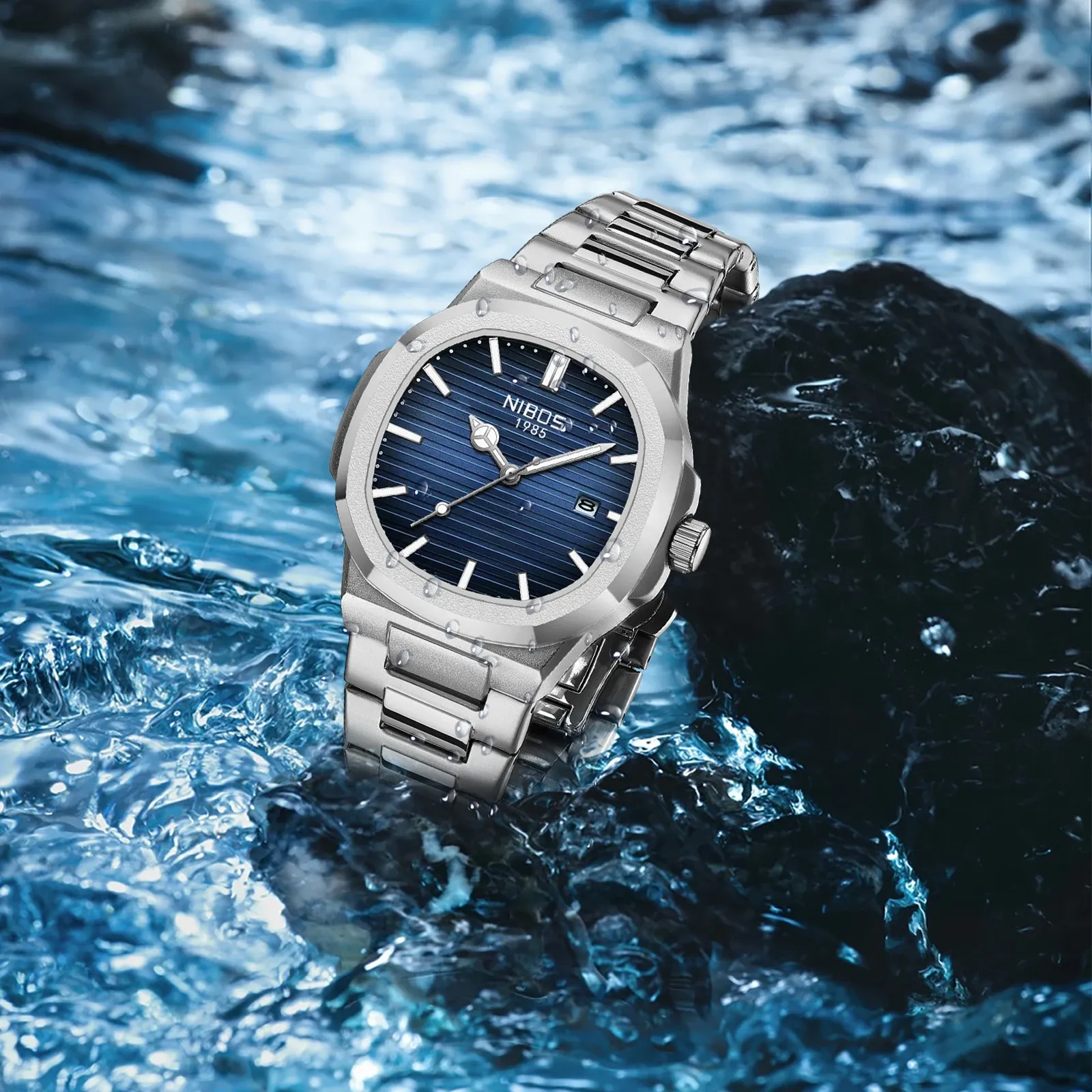 NIBOSI Luxury Men's Square Watch - Waterproof Stainless Steel Business Casual Analog Quartz with Luminous Date Display thumbnail 4