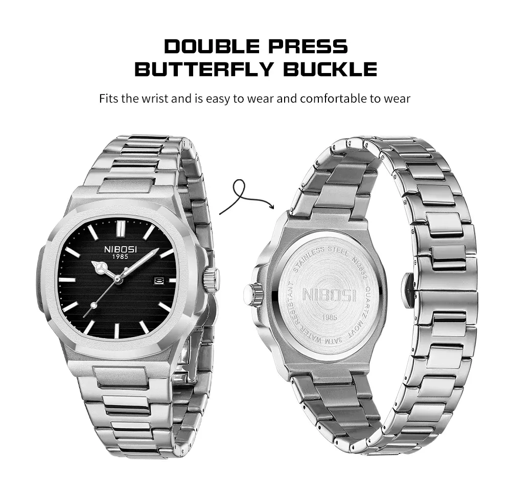 NIBOSI Luxury Men's Square Watch - Waterproof Stainless Steel Business Casual Analog Quartz with Luminous Date Display showcase 5