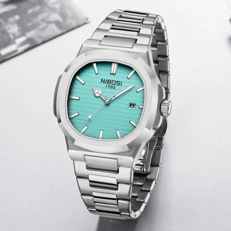 NIBOSI Luxury Men's Square Watch - Waterproof Stainless Steel Business Casual Analog Quartz with Luminous Date Display thumbnail 5