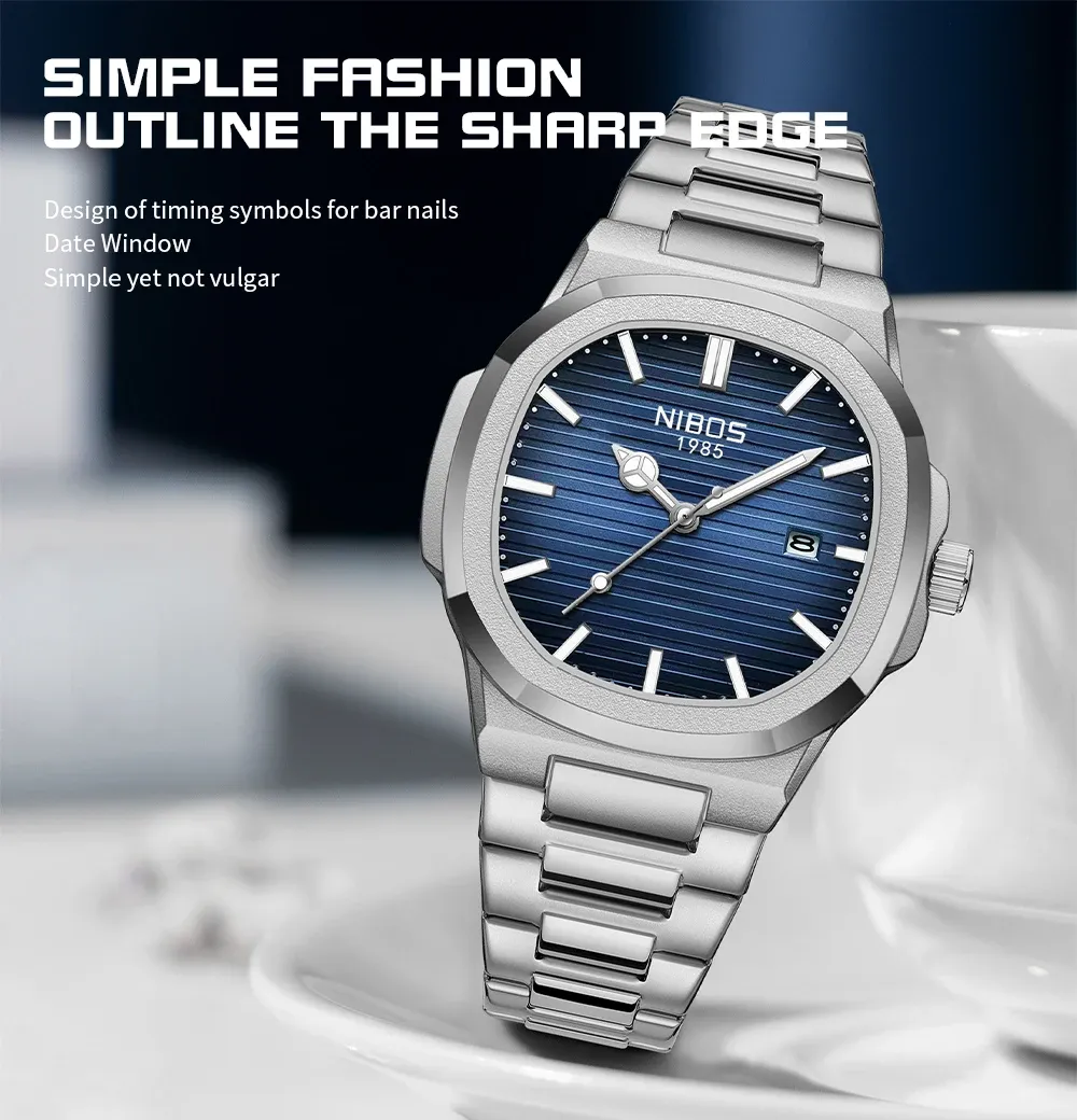 NIBOSI Luxury Men's Square Watch - Waterproof Stainless Steel Business Casual Analog Quartz with Luminous Date Display showcase 1