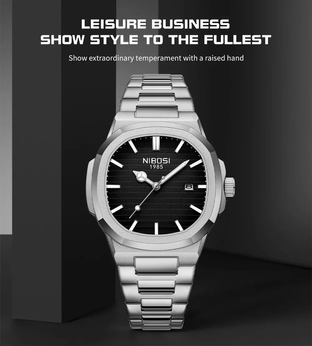 NIBOSI Luxury Men's Square Watch - Waterproof Stainless Steel Business Casual Analog Quartz with Luminous Date Display showcase 3