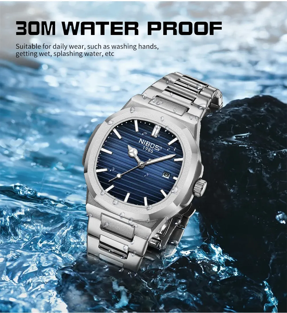 NIBOSI Luxury Men's Square Watch - Waterproof Stainless Steel Business Casual Analog Quartz with Luminous Date Display showcase 4
