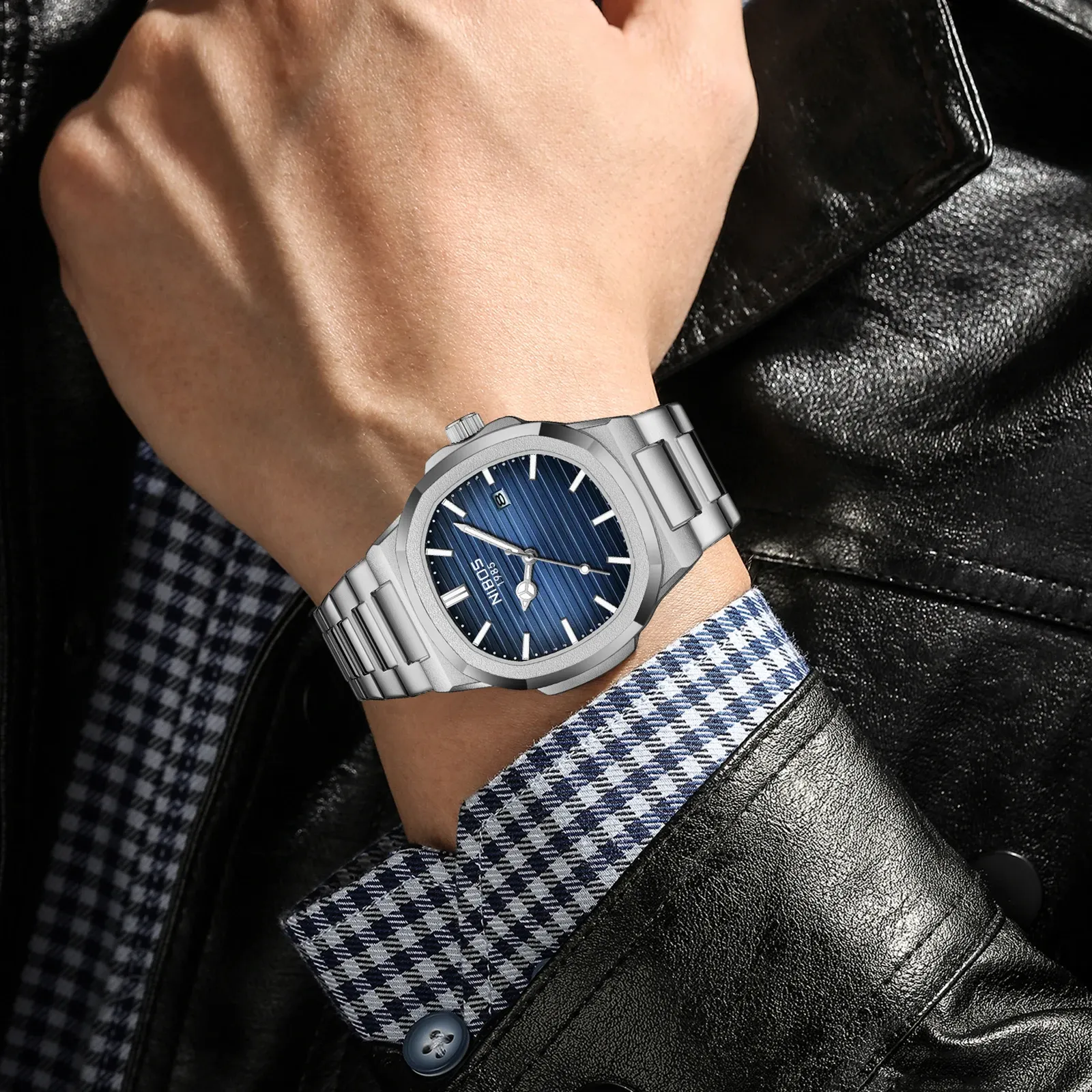 NIBOSI Luxury Men's Square Watch - Waterproof Stainless Steel Business Casual Analog Quartz with Luminous Date Display thumbnail 6