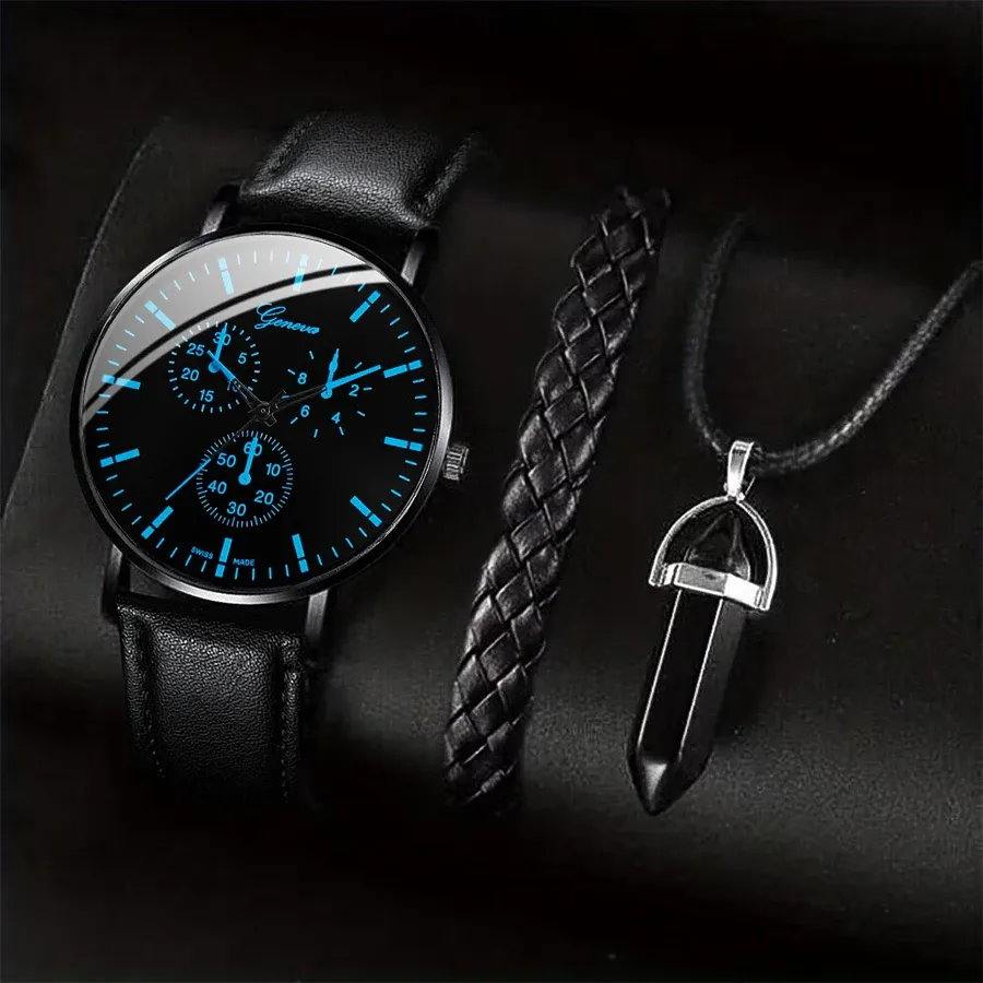Men's Luxury Quartz Watch Set with Leather Band, Matching Bracelet & Necklace - Business Casual Analog Timepiece showcase 1