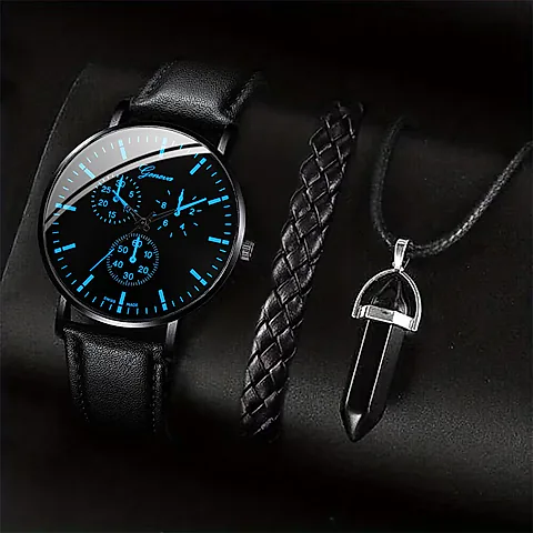 Men's Luxury Quartz Watch Set with Leather Band, Matching Bracelet & Necklace - Business Casual Analog Timepiece