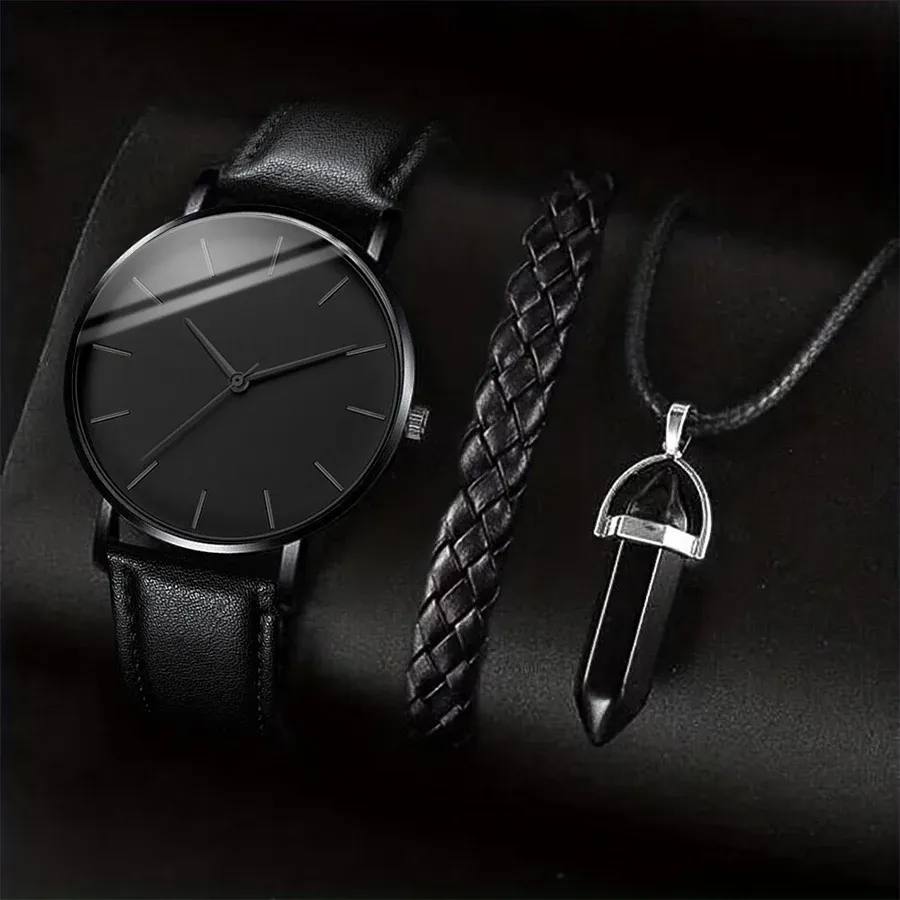 Men's Luxury Quartz Watch Set with Leather Band, Matching Bracelet & Necklace - Business Casual Analog Timepiece thumbnail 3