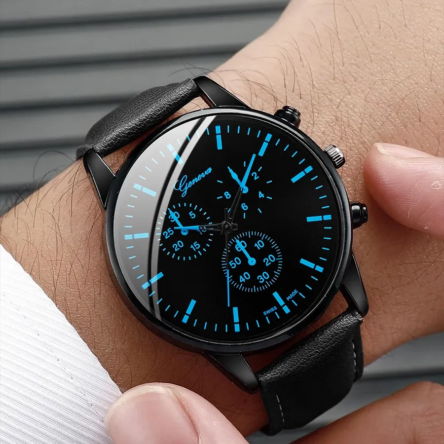 Men's Luxury Quartz Watch Set with Leather Band, Matching Bracelet & Necklace - Business Casual Analog Timepiece thumbnail 4