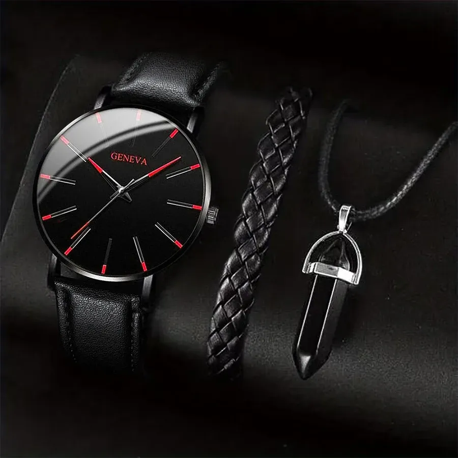 Men's Luxury Quartz Watch Set with Leather Band, Matching Bracelet & Necklace - Business Casual Analog Timepiece thumbnail 2