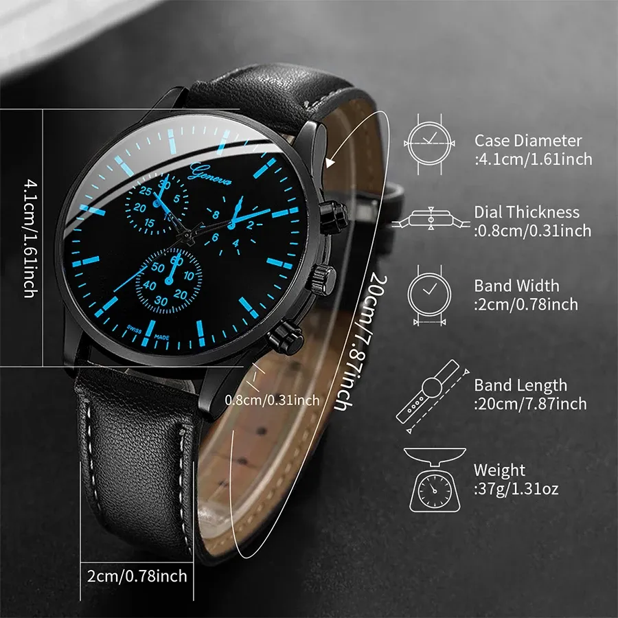Men's Luxury Quartz Watch Set with Leather Band, Matching Bracelet & Necklace - Business Casual Analog Timepiece showcase 10