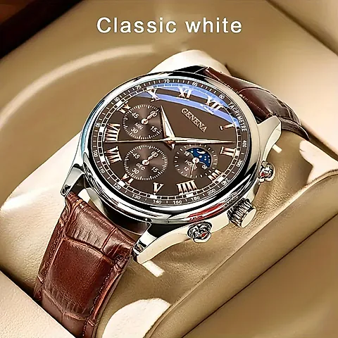 GENEVA Men's Luxury Quartz Watch - Fashionable Round Business Sport Design with Leather Band, Water Resistant, Glow Dial - Ideal for Students & Professionals