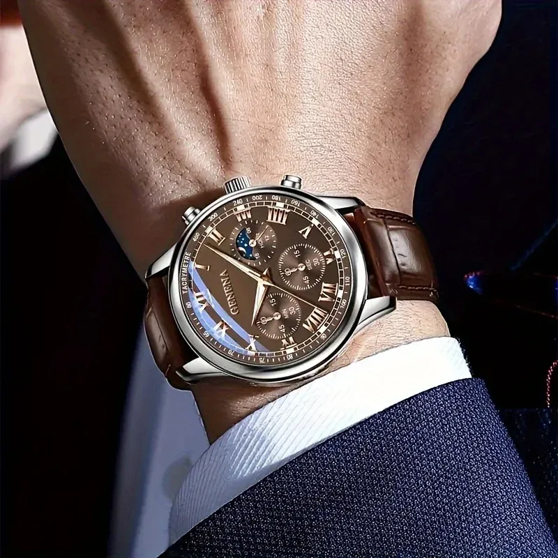 GENEVA Men's Luxury Quartz Watch - Fashionable Round Business Sport Design with Leather Band, Water Resistant, Glow Dial - Ideal for Students & Professionals showcase 2