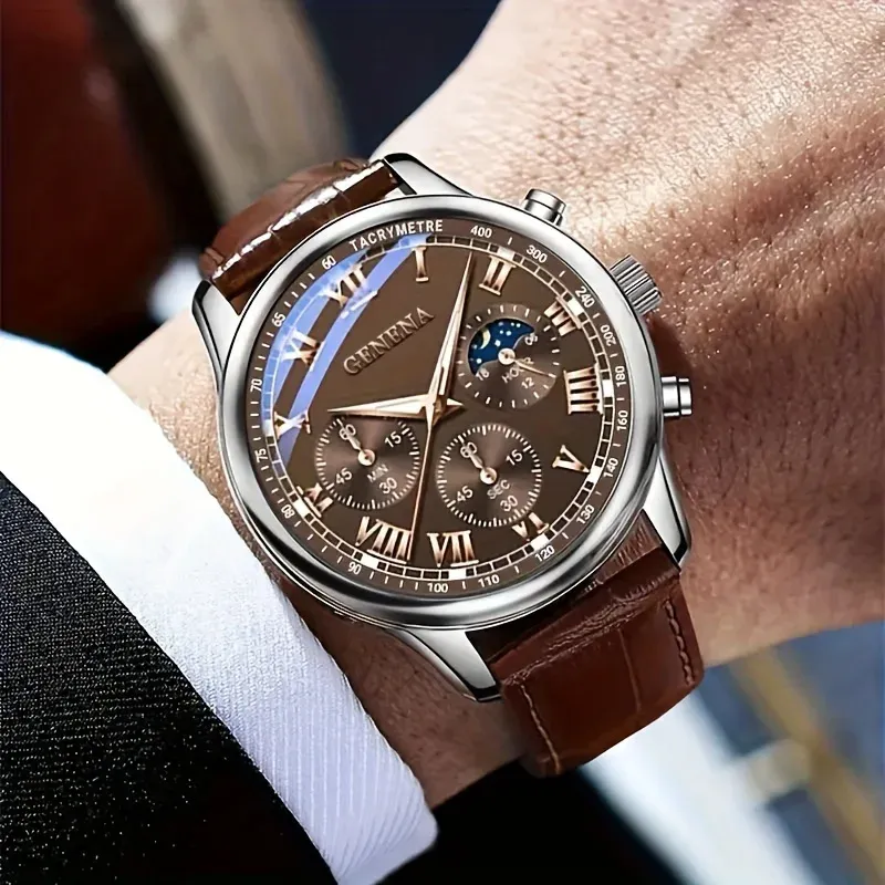 GENEVA Men's Luxury Quartz Watch - Fashionable Round Business Sport Design with Leather Band, Water Resistant, Glow Dial - Ideal for Students & Professionals showcase 3