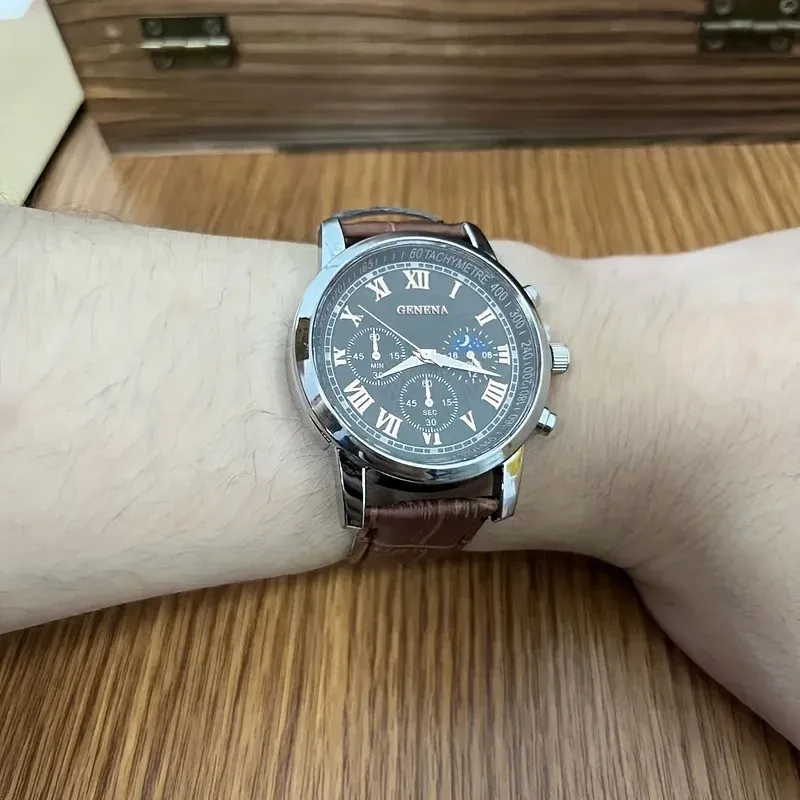 GENEVA Men's Luxury Quartz Watch - Fashionable Round Business Sport Design with Leather Band, Water Resistant, Glow Dial - Ideal for Students & Professionals showcase 4