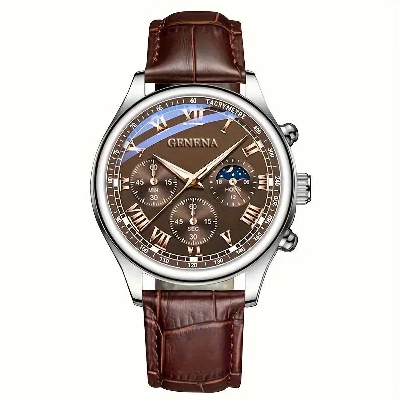 GENEVA Men's Luxury Quartz Watch - Fashionable Round Business Sport Design with Leather Band, Water Resistant, Glow Dial - Ideal for Students & Professionals - Image 6