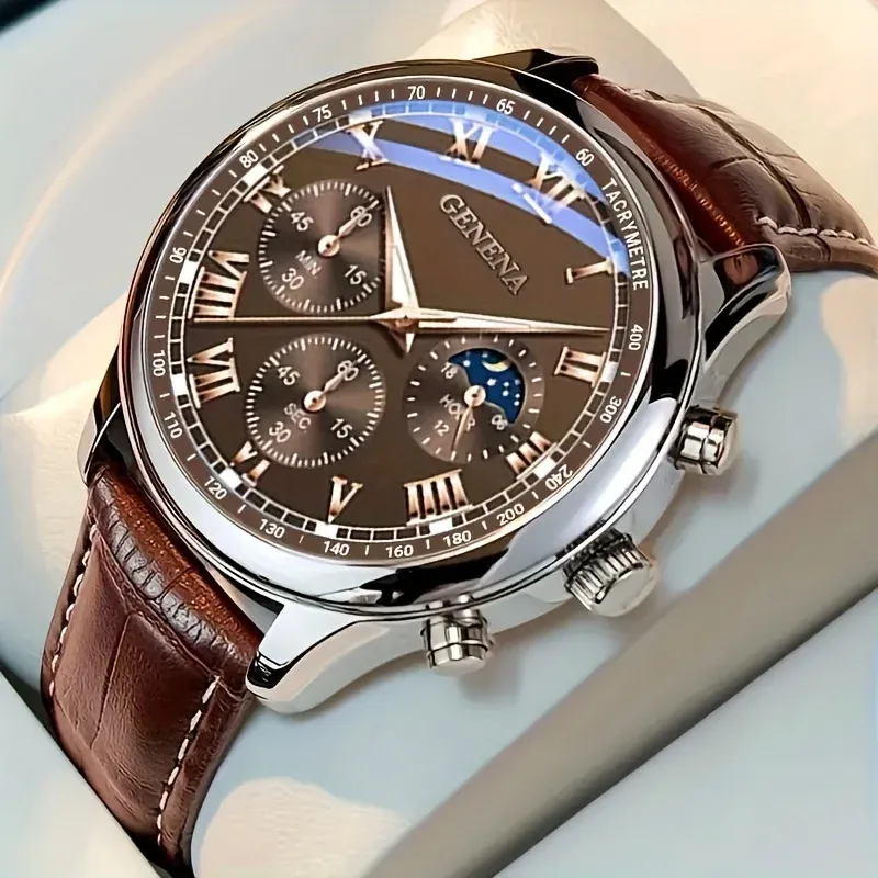 GENEVA Men's Luxury Quartz Watch - Fashionable Round Business Sport Design with Leather Band, Water Resistant, Glow Dial - Ideal for Students & Professionals showcase 5