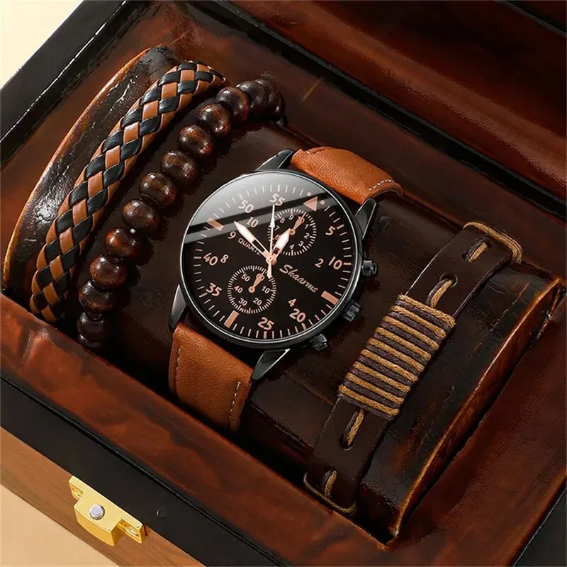 Luxury Men's Watch and Bracelet Set - Fashion Business Brown Leather Band Quartz Wristwatch with Alloy Case, Ideal Gift for Him