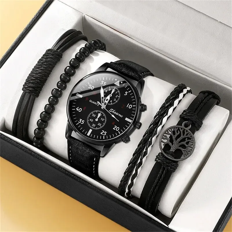 Luxury Men's Watch and Bracelet Set - Fashion Business Brown Leather Band Quartz Wristwatch with Alloy Case, Ideal Gift for Him thumbnail 2