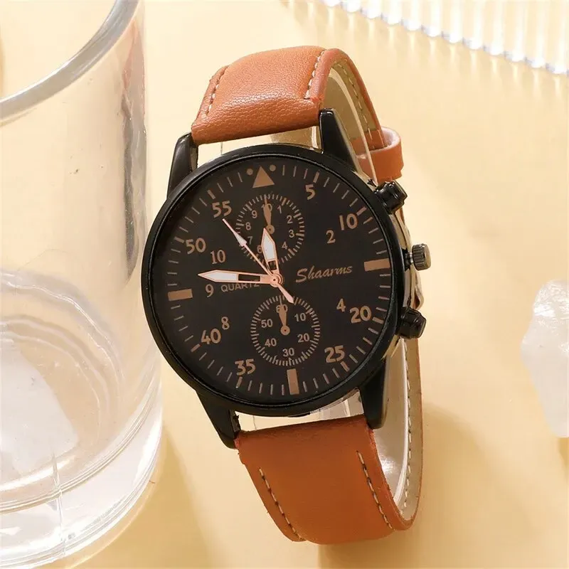 Luxury Men's Watch and Bracelet Set - Fashion Business Brown Leather Band Quartz Wristwatch with Alloy Case, Ideal Gift for Him thumbnail 5