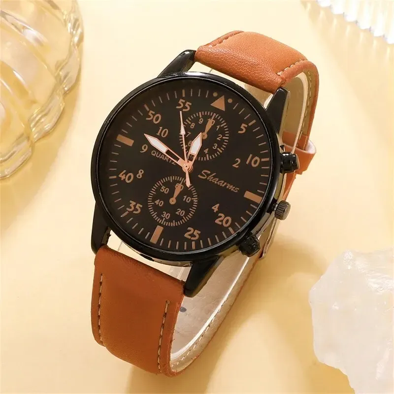 Luxury Men's Watch and Bracelet Set - Fashion Business Brown Leather Band Quartz Wristwatch with Alloy Case, Ideal Gift for Him thumbnail 4