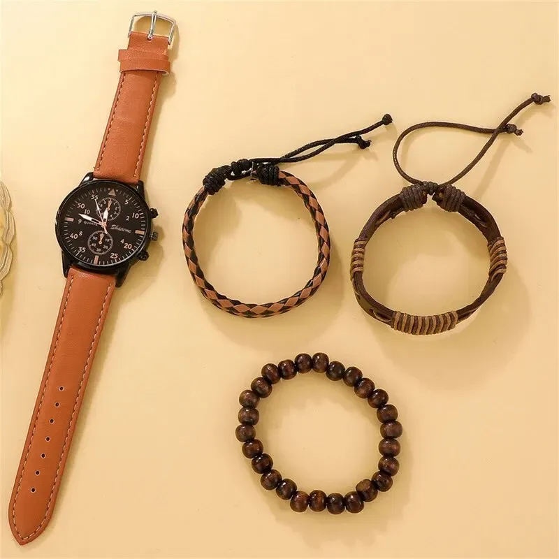 Luxury Men's Watch and Bracelet Set - Fashion Business Brown Leather Band Quartz Wristwatch with Alloy Case, Ideal Gift for Him thumbnail 3