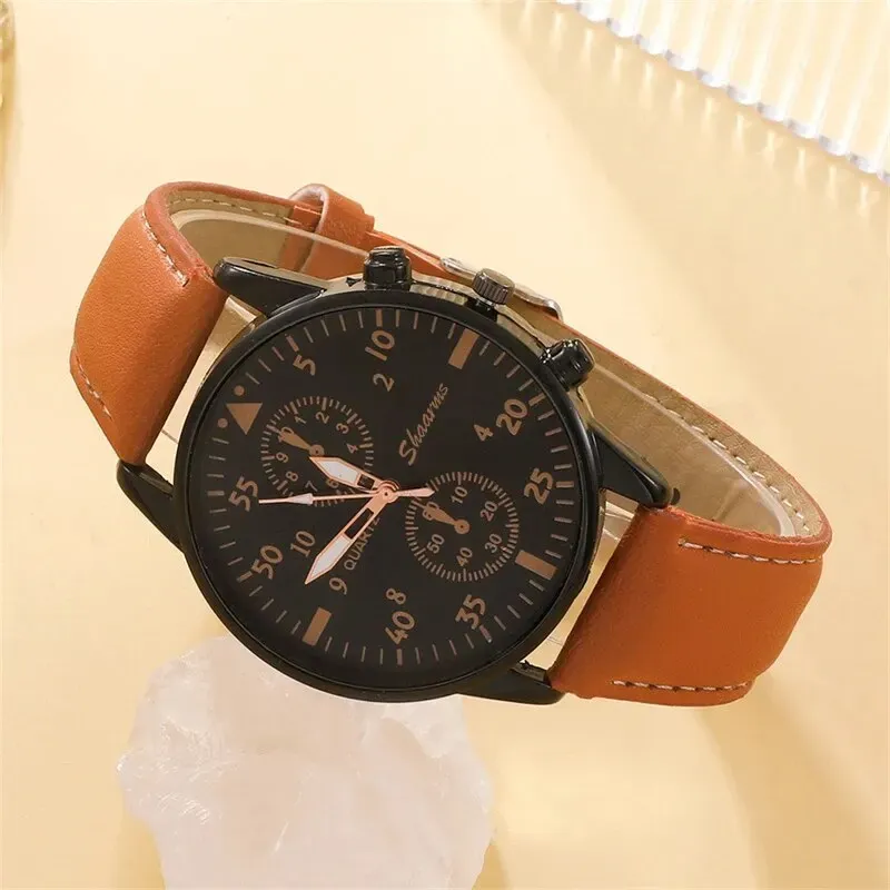 Luxury Men's Watch and Bracelet Set - Fashion Business Brown Leather Band Quartz Wristwatch with Alloy Case, Ideal Gift for Him thumbnail 6