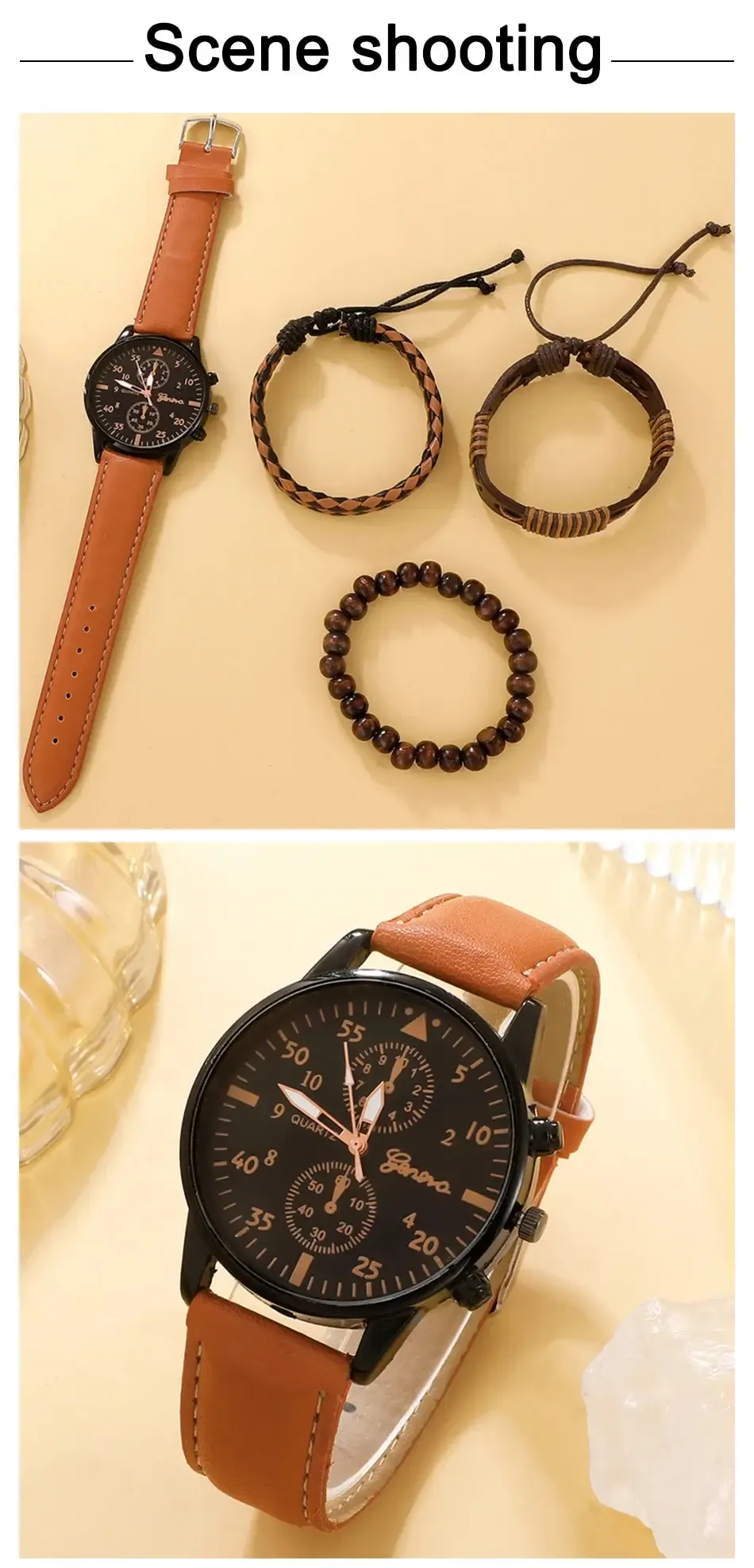 Luxury Men's Watch and Bracelet Set - Fashion Business Brown Leather Band Quartz Wristwatch with Alloy Case, Ideal Gift for Him showcase 4