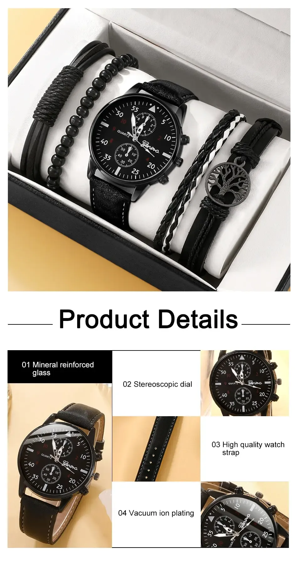 Luxury Men's Watch and Bracelet Set - Fashion Business Brown Leather Band Quartz Wristwatch with Alloy Case, Ideal Gift for Him showcase 3
