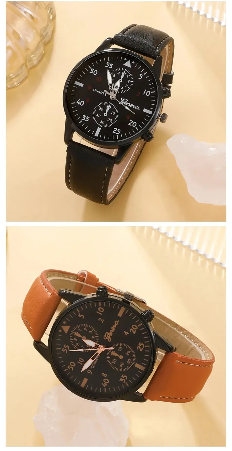 Luxury Men's Watch and Bracelet Set - Fashion Business Brown Leather Band Quartz Wristwatch with Alloy Case, Ideal Gift for Him showcase 5