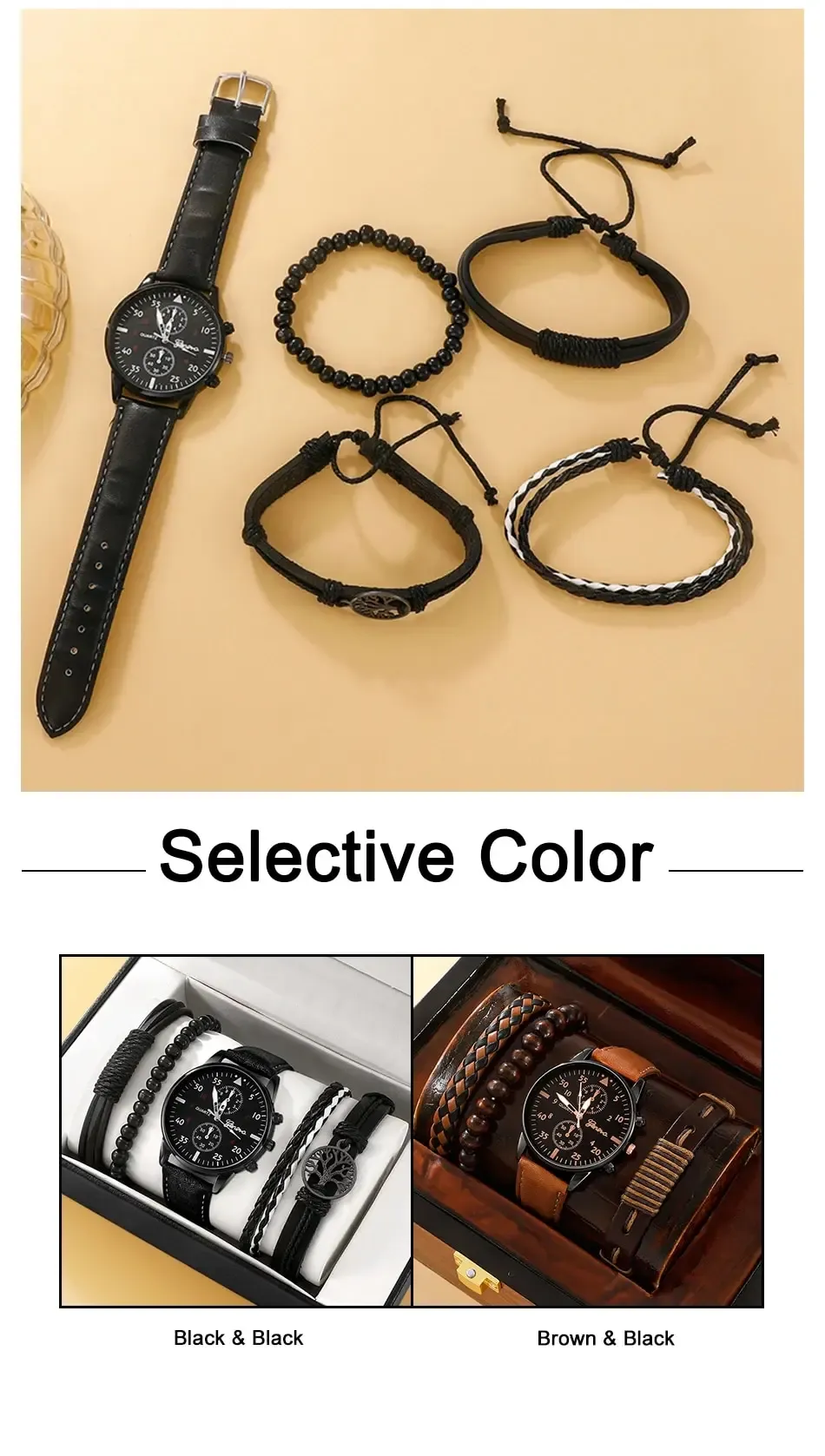Luxury Men's Watch and Bracelet Set - Fashion Business Brown Leather Band Quartz Wristwatch with Alloy Case, Ideal Gift for Him showcase 6