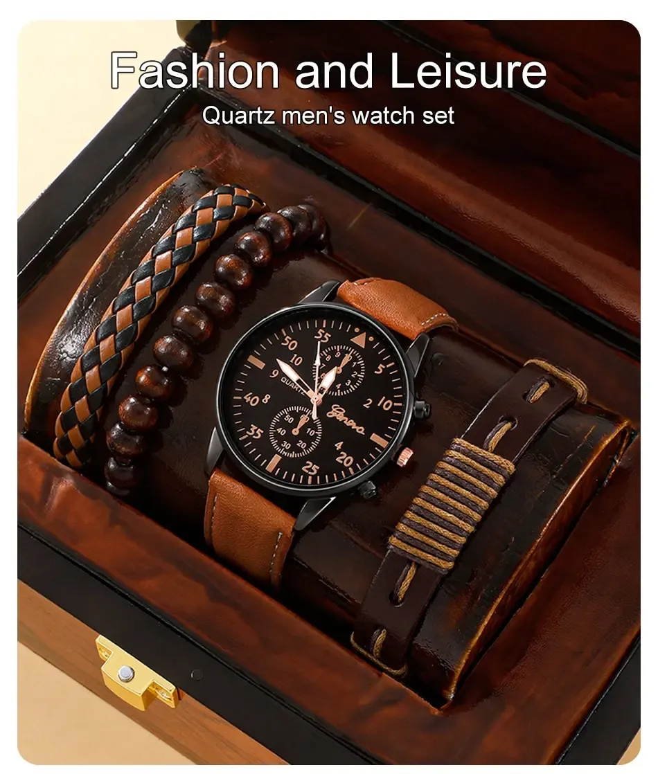 Luxury Men's Watch and Bracelet Set - Fashion Business Brown Leather Band Quartz Wristwatch with Alloy Case, Ideal Gift for Him showcase 1