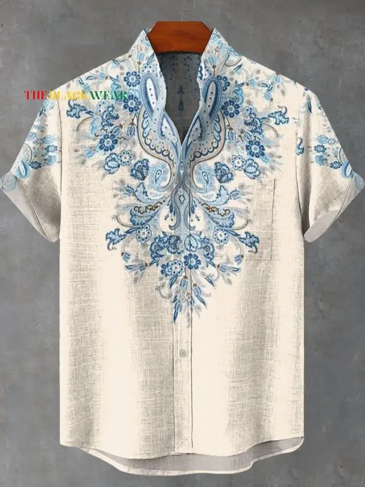 Men's Retro African Tribal Totem Print Linen Short Sleeve Shirt - Comfortable Streetwear Fashion thumbnail 6