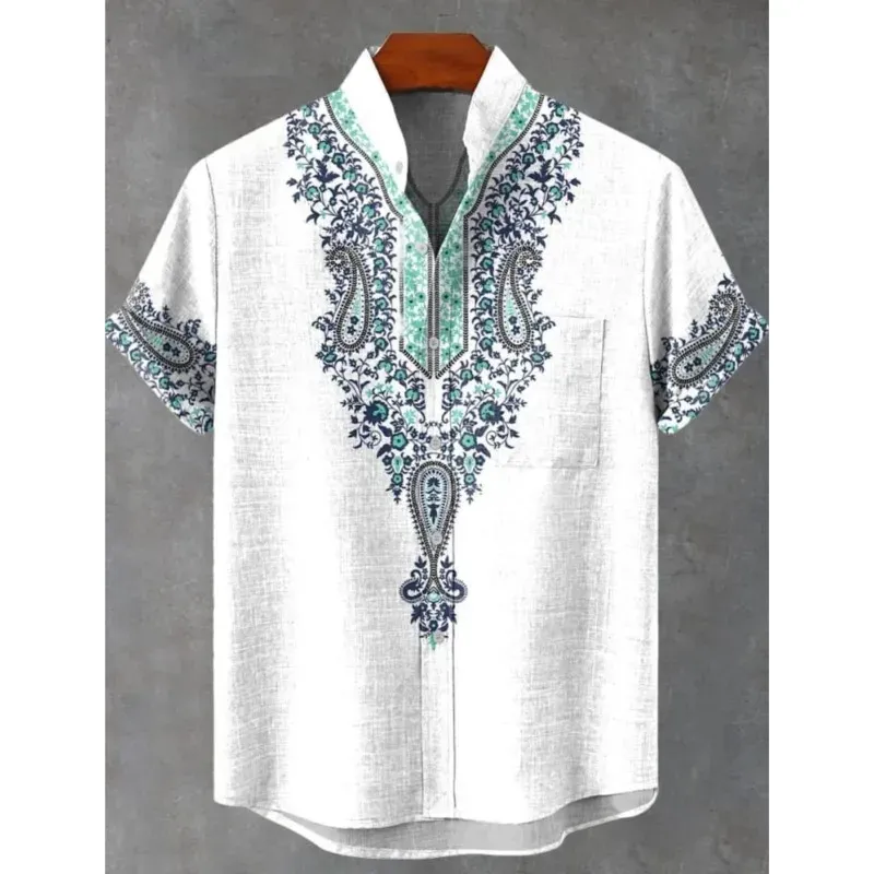 Men's Retro African Tribal Totem Print Linen Short Sleeve Shirt - Comfortable Streetwear Fashion thumbnail 1