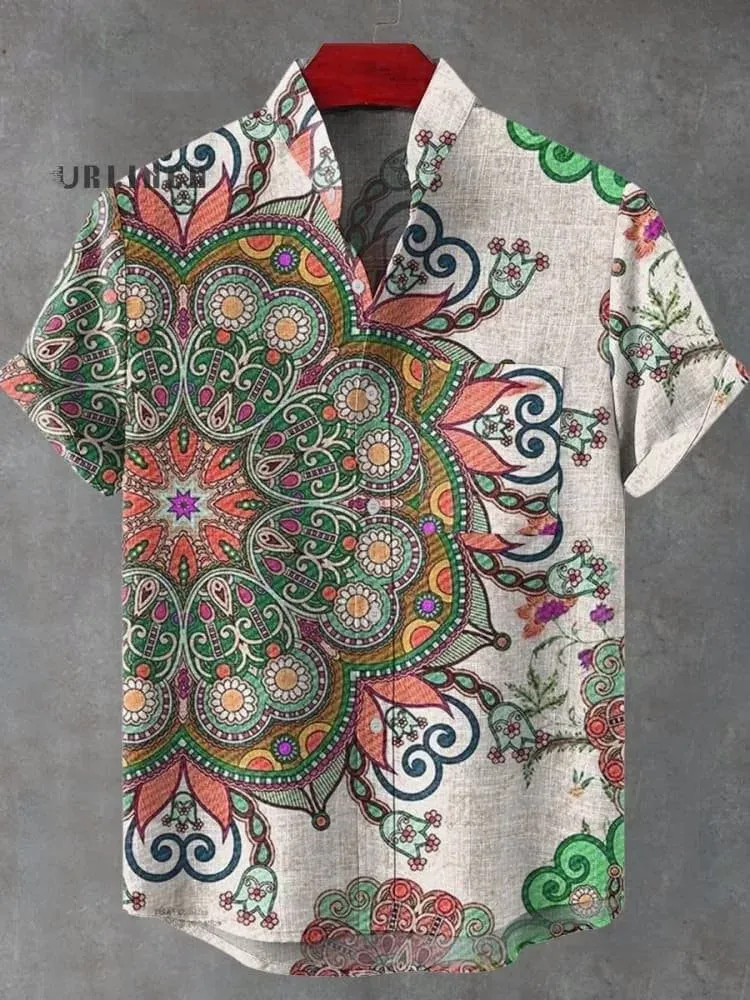 Men's Retro African Tribal Totem Print Linen Short Sleeve Shirt - Comfortable Streetwear Fashion thumbnail 5
