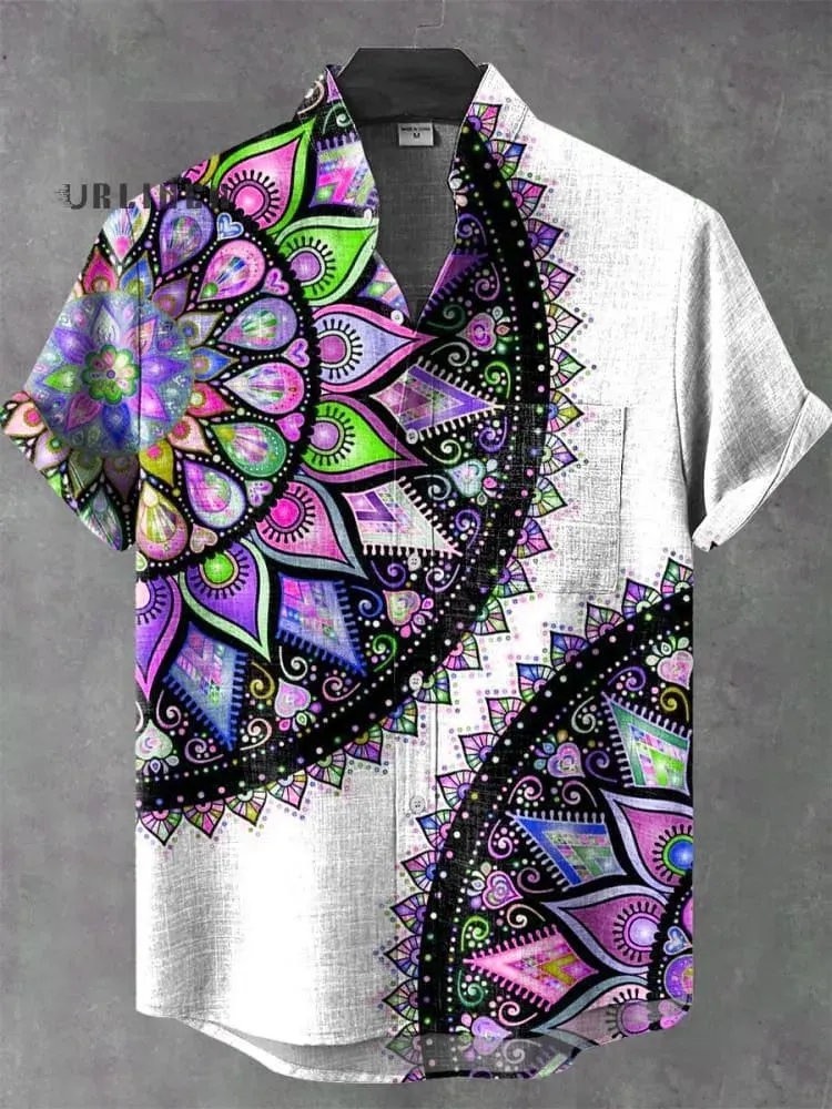 Men's Retro African Tribal Totem Print Linen Short Sleeve Shirt - Comfortable Streetwear Fashion thumbnail 3