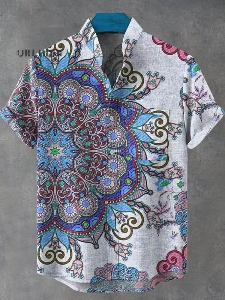 Men's Retro African Tribal Totem Print Linen Short Sleeve Shirt - Comfortable Streetwear Fashion showcase 14