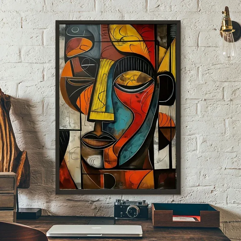 Modern Abstract African Tribal Mask Wall Art Canvas Poster - Yellow Brown Picasso Style Painting for Living Room Decor, High Definition Vibrant Print on 280-300gsm Matte Fiber Canvas thumbnail 2